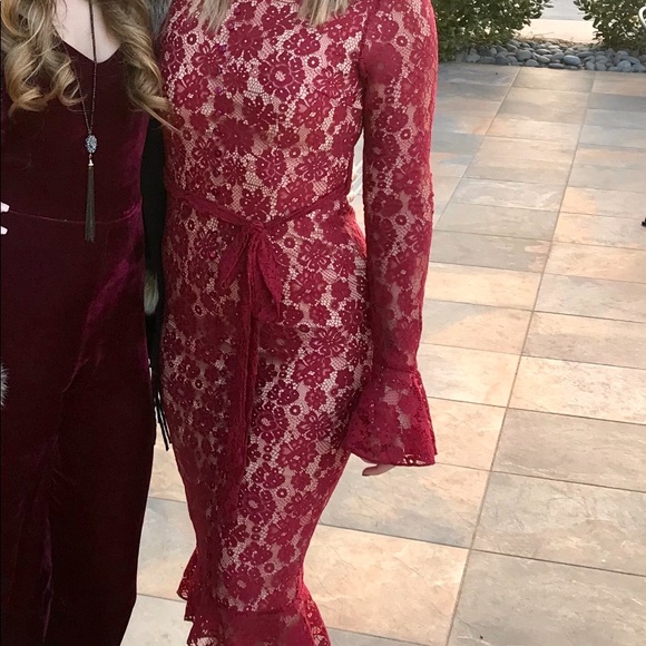 Red Turtleneck MIDI Lace Dress - Picture 3 of 5